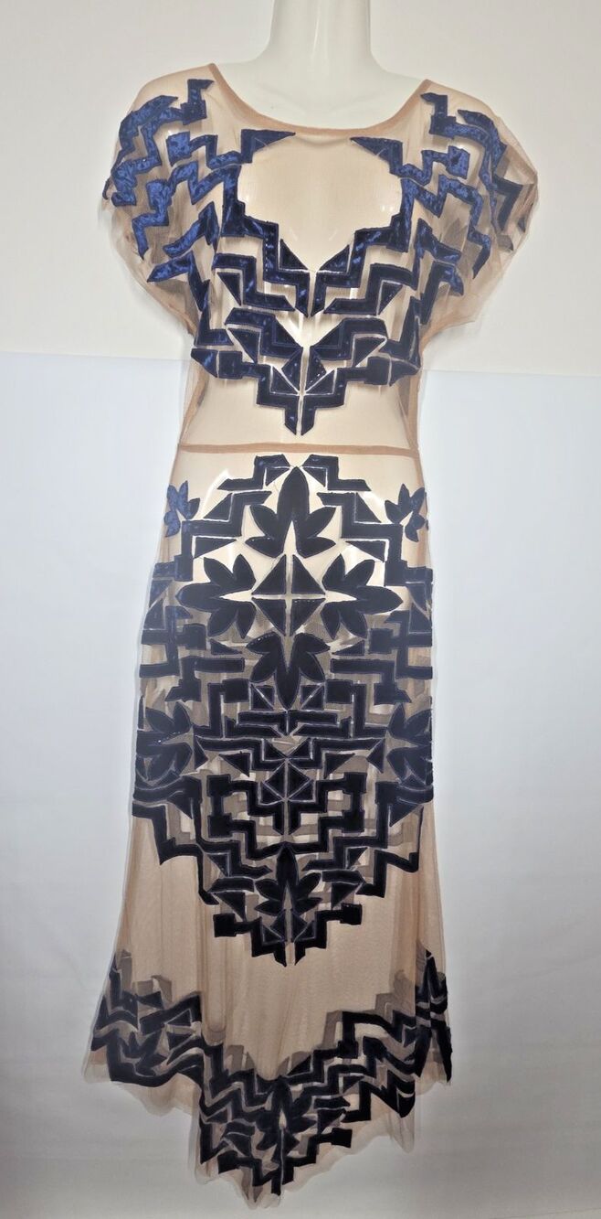 For Love & Lemons Vienna Maxi Dress SMALL Velvet Sheer Mesh Net Blue Open Back * - Picture 5 of 16